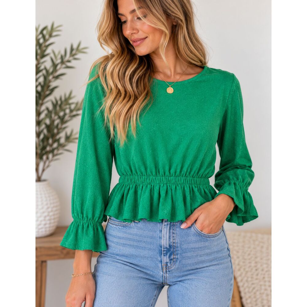 Zara Green Ruffle Peplum Top Women’s Medium Long Sleeve Cottagecore Preppy